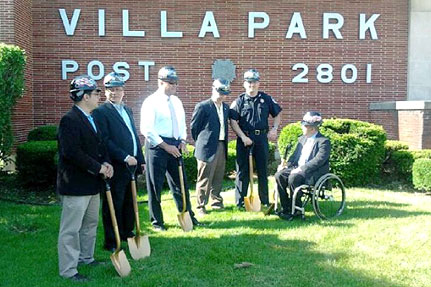 front of VFW building with golden shovels